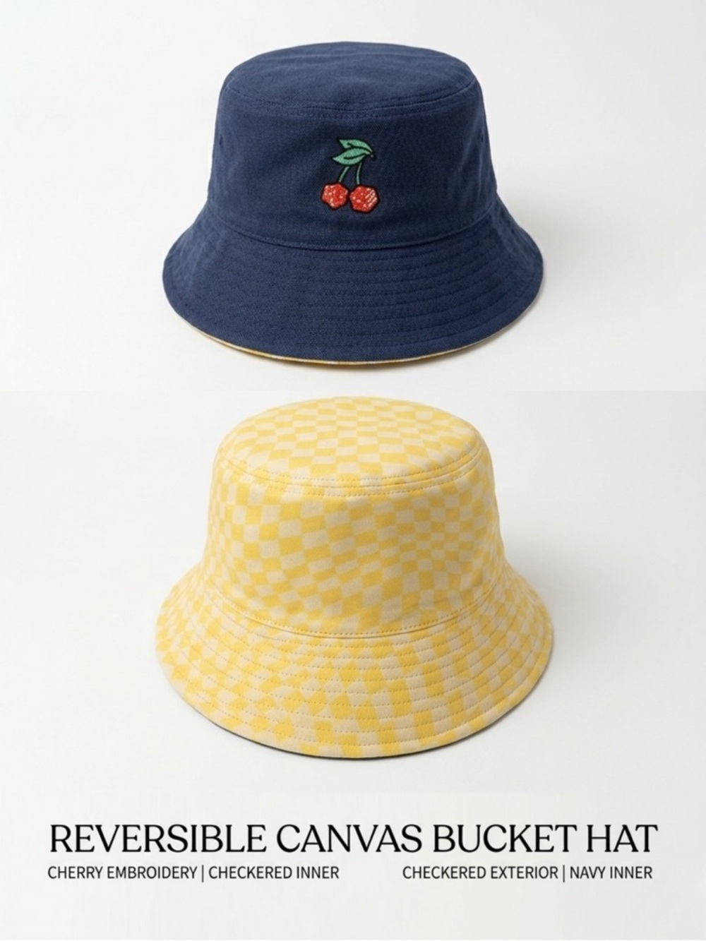 Reversible Bucket Hat with Cherry Embroidery - Navy and Yellow